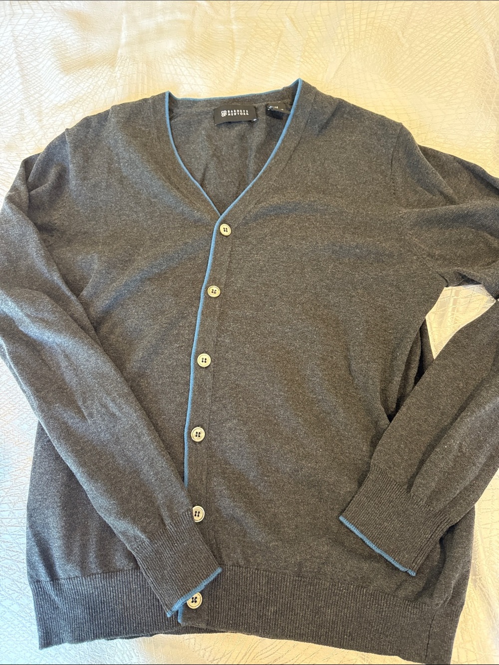 Barneys New York Charcoal Gray Cardigan with Blue Trim